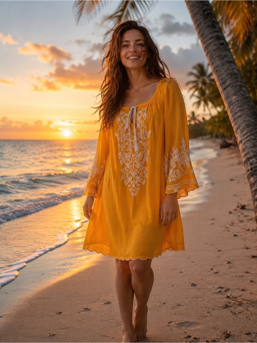 C.C. Yellow Boho Embroidered Cotton Rayon Dress 3X Vacation Resort